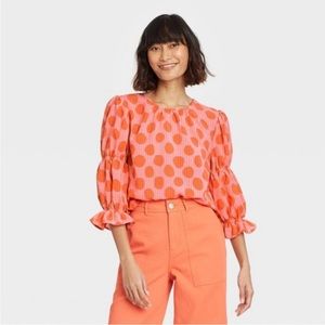 Who What Wear Orange Polka Dot Puff Sleeve Shirt